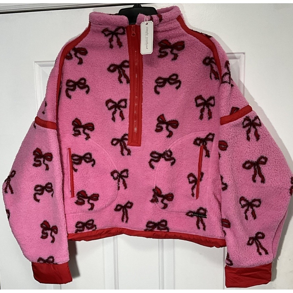 Simply Southern Pink 1/2 Zip Fleece Pullover Red Bows Pockets Women's XL